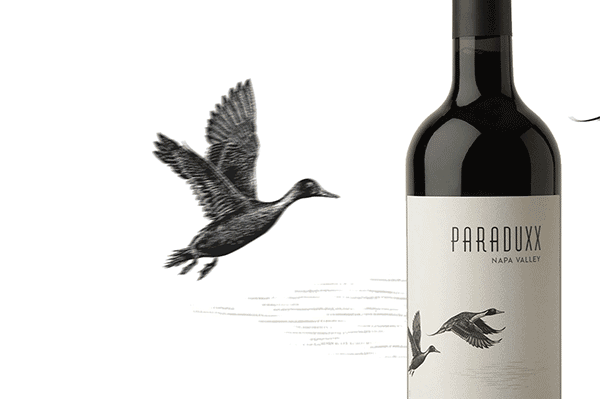 Paraduxx wine bottle with animated bird background